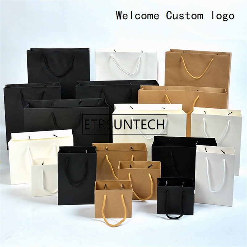 200pcs/lot Black/Brwon/White kraft paper bag with handle Wedding Party Favor Paper Gift Bags Welcome Custom logo