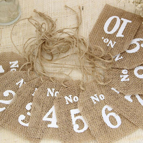 100 Sets Party Number 1-10 Burlap Flags Rustic Jute Table Numbers Vintage Rustic Reception Wedding Decoration ZA6577